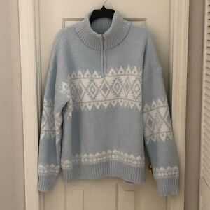 Pink Lily Light Blue & White Fair Isle Half-Zip Sweater